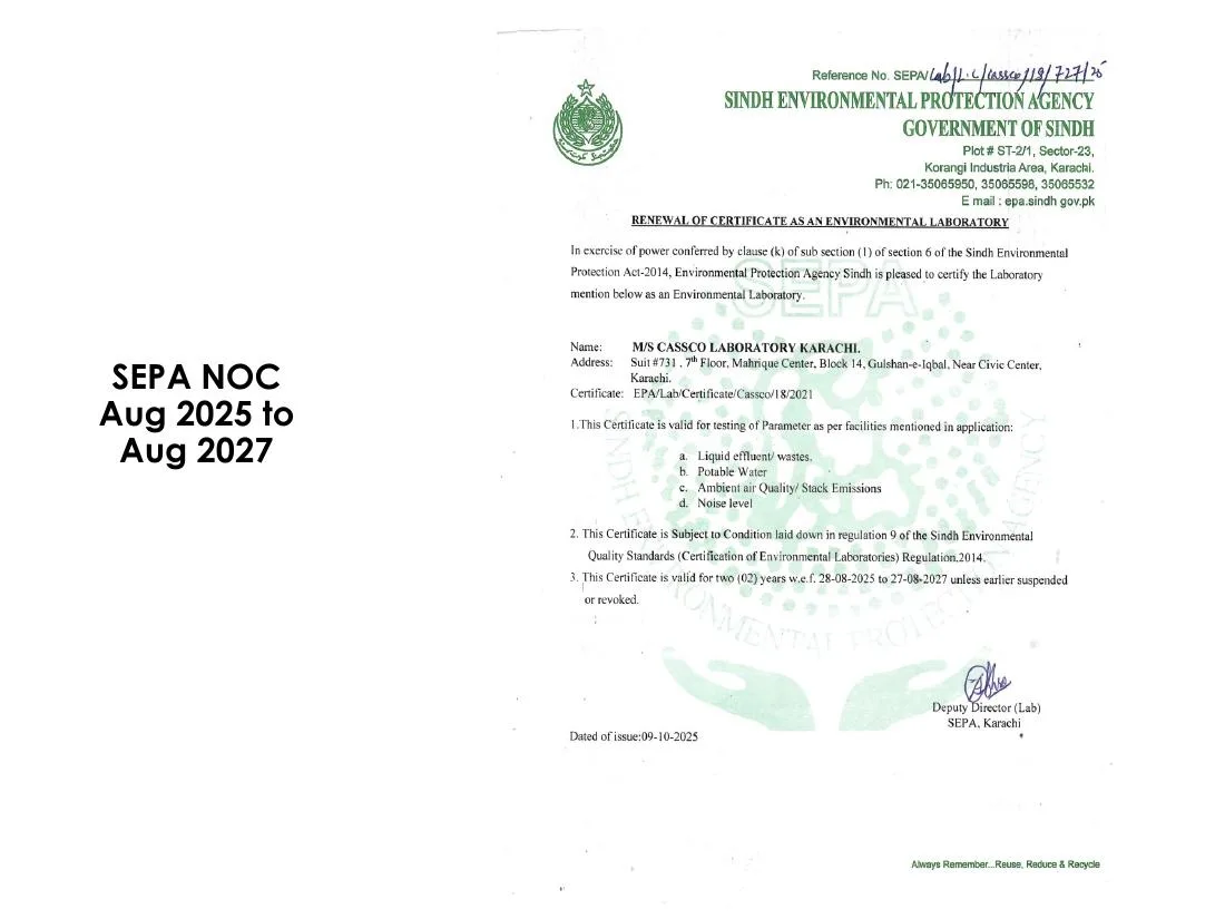 Scan of the SEPA certificate renewing CASSCO Laboratory as an environmental laboratory